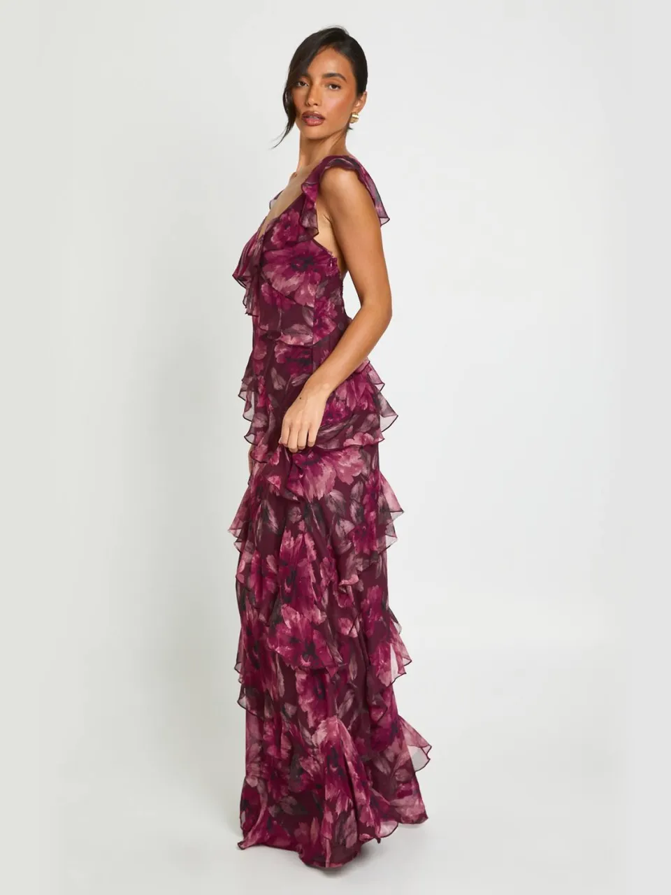 boohoo Dames Chiffon Maxi Jurk Met Ruchedetail En Tonaal Bloemendessin pruim, foto 2