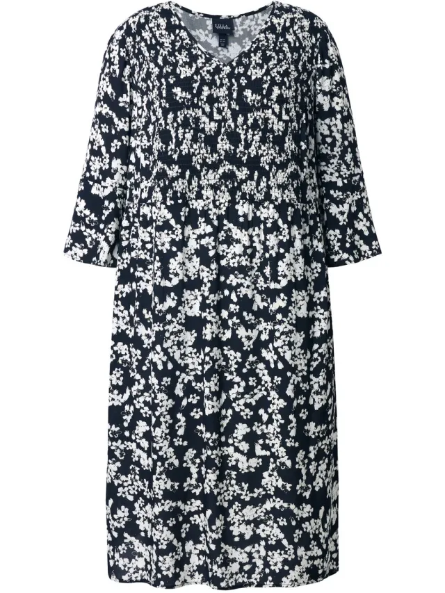 Ulla Popken Dames - Midi-jurk bloemen A-lijn V-hals 3/4-mouwen - Zwart - Maat 50+
