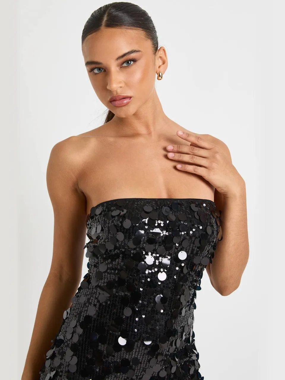 boohoo Dames Disc pailletten bandeau skaterjurk zwart, foto 4