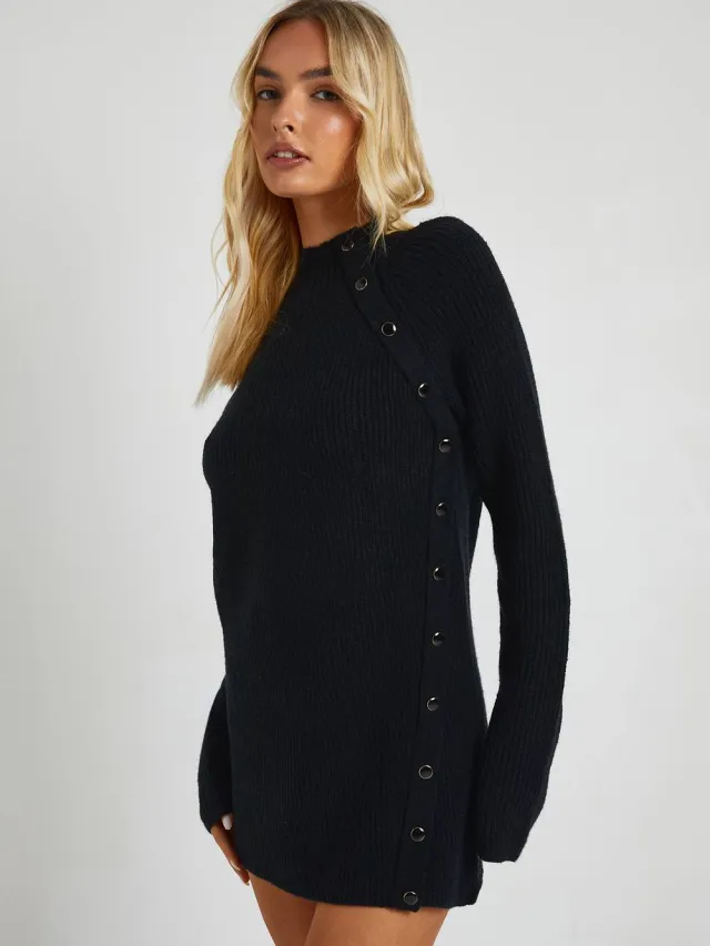 boohoo Dames Knopdetail Gebreide Mini Jurk Zwart