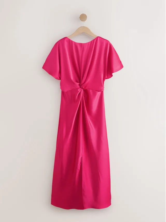 Next Dames - Getextureerde satijnen midi-jurk met korte mouwen en gedraaide voorkant - Roze Bright Pink