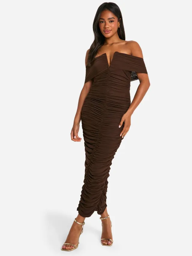 boohoo Dames Premium Power Mesh Gestructureerde Midaxi Jurk Chocoladebruin
