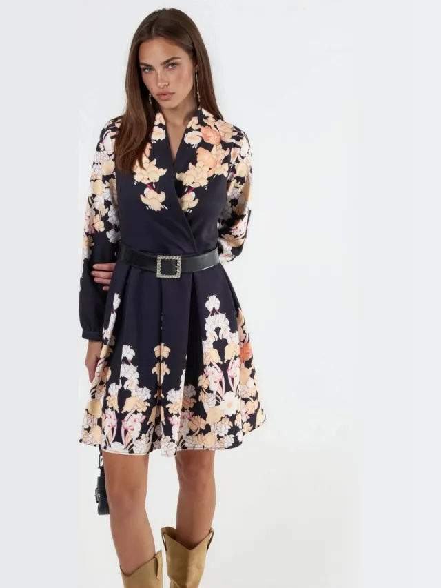 MSN Collection Bloemenprint V-hals Mini Jurk met Ceintuur Veelkleurig