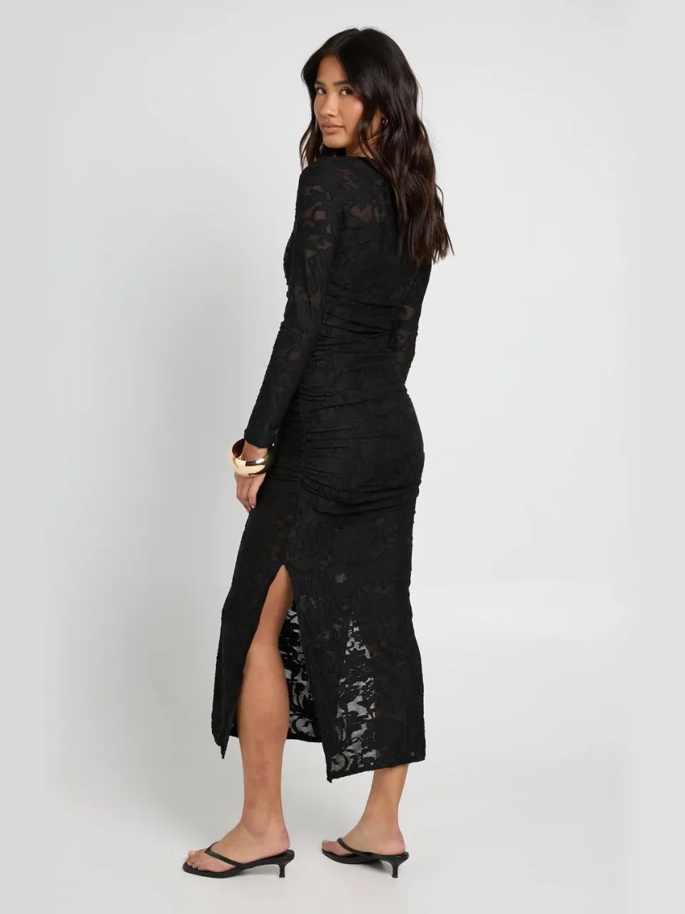 boohoo Dames Burnout Bloemen Lange Mouw Geplooid Body Midaxi Jurk zwart, foto 2