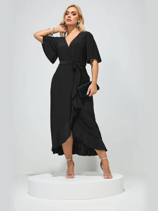 Yours London Zwarte Wikkelmaxijurk Met Ruchezoom Black
