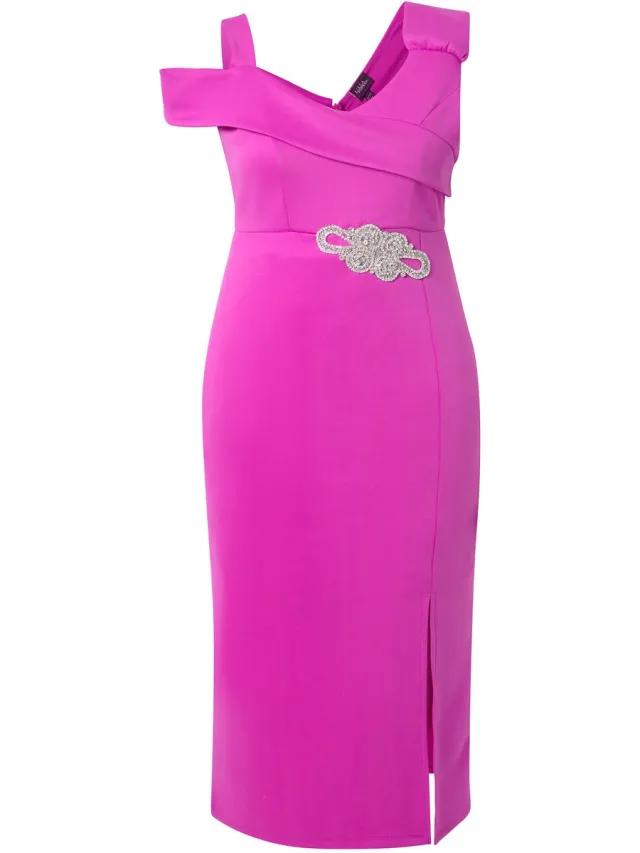 Ulla Popken Dames - Jersey maxi-jurk gedrapeerd applicatie V-hals mouwloos - Orchidee