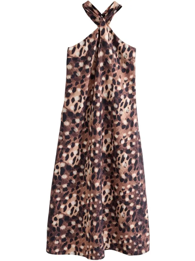 Next Dames - Halflange halterjurk met gedraaide hals - Dierenprint Brown Animal Print