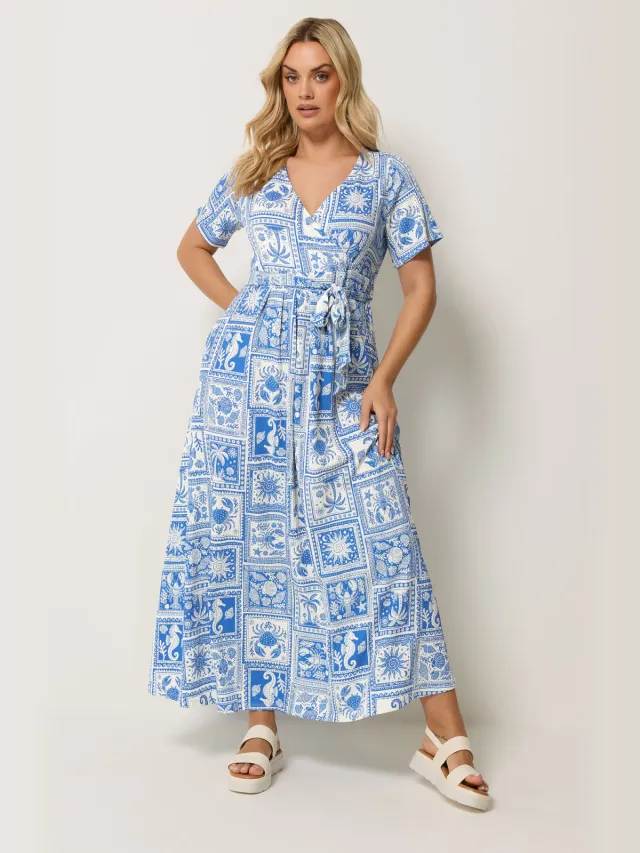 Yours Blauwe Wikkeljurk Met Palmprint Aan De Voorkant-56 Blue