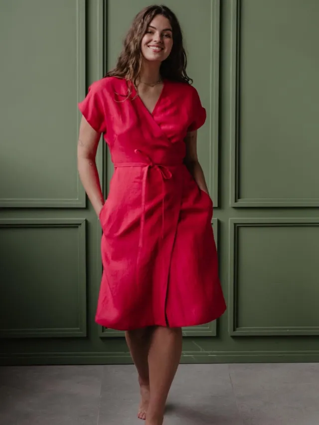 AmourLinen dames vegan Wikkeljurk Olivia Viva Magenta Donkerroze