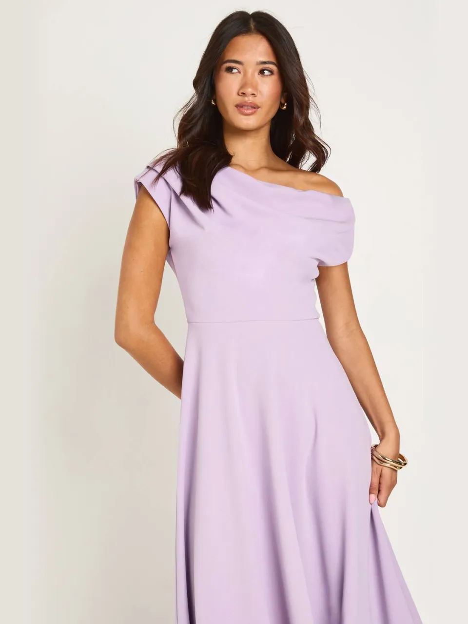 boohoo Dames Jersey Crepe Drape Schouder Midi Skater Jurk lila, foto 4