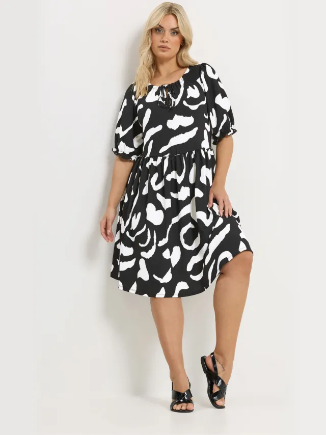 Yours Zwarte Abstracte Jurk Met Strik Aan De Voorkant-56 Black