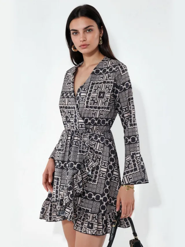 MSN Collection Geometrische Wikkel Mini Jurk Met Strik Taille Beige