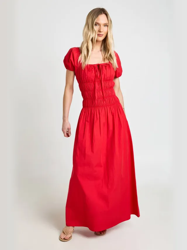boohoo Dames Petite Katoenen Poplin Gesmockte Lijfje Pofmouw Maxi Jurk Rood