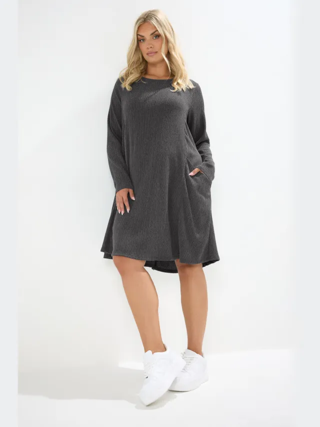 Yours Charcoal Grey Textured Pocket Dress-60