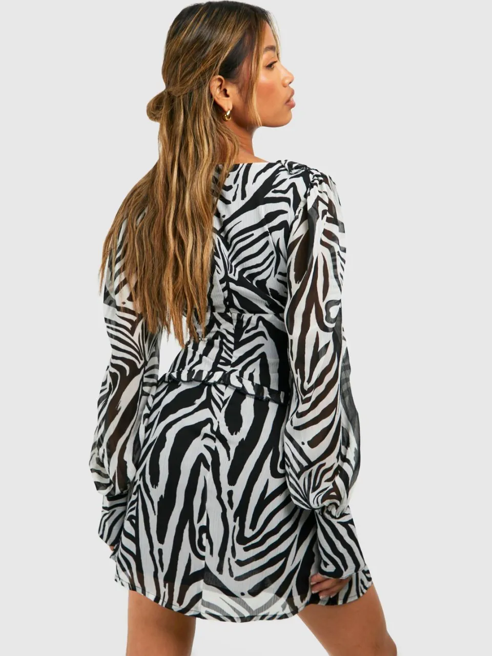 boohoo Dames Zebra Chiffon Ruffle Skater Jurk multicolor, foto 2