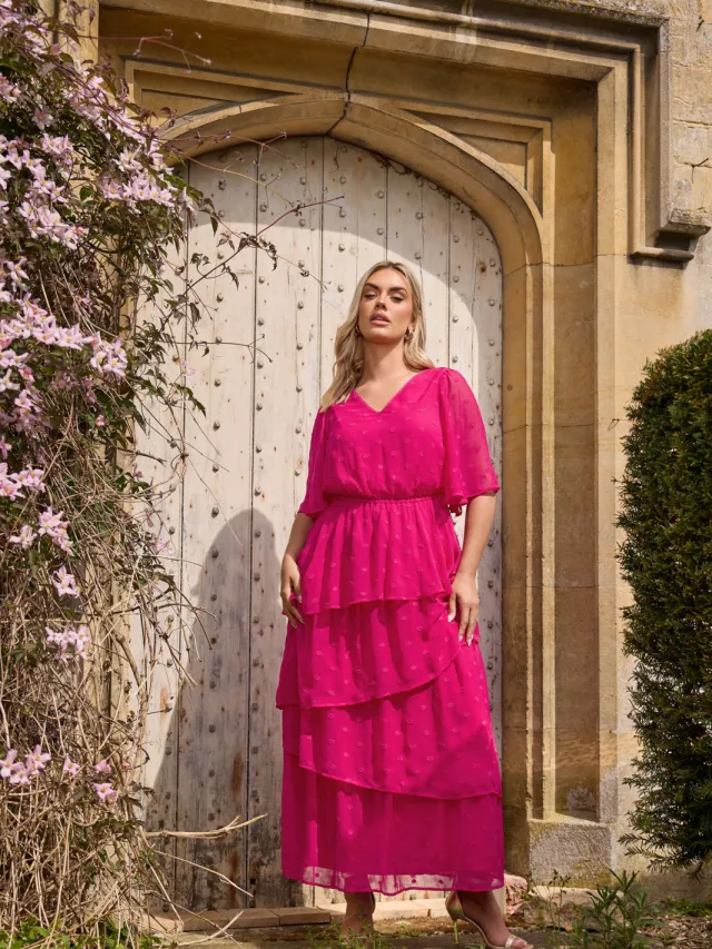 Yours Maxi Jurk Met Dobbytextuur En Rok Met Ruches In Felroze Pink