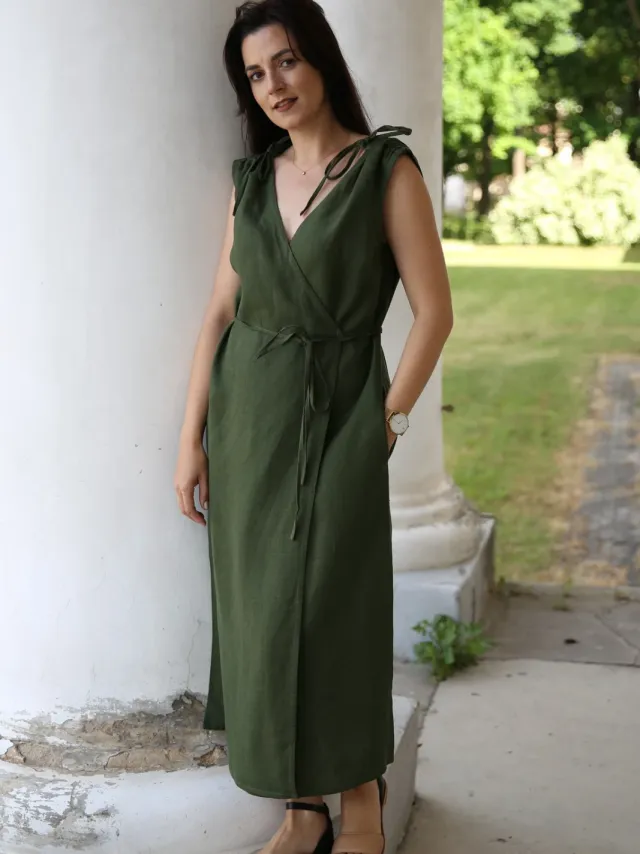 Amber Linen dames vegan Wikkeljurk Dubai Bosgroen Donkergroen