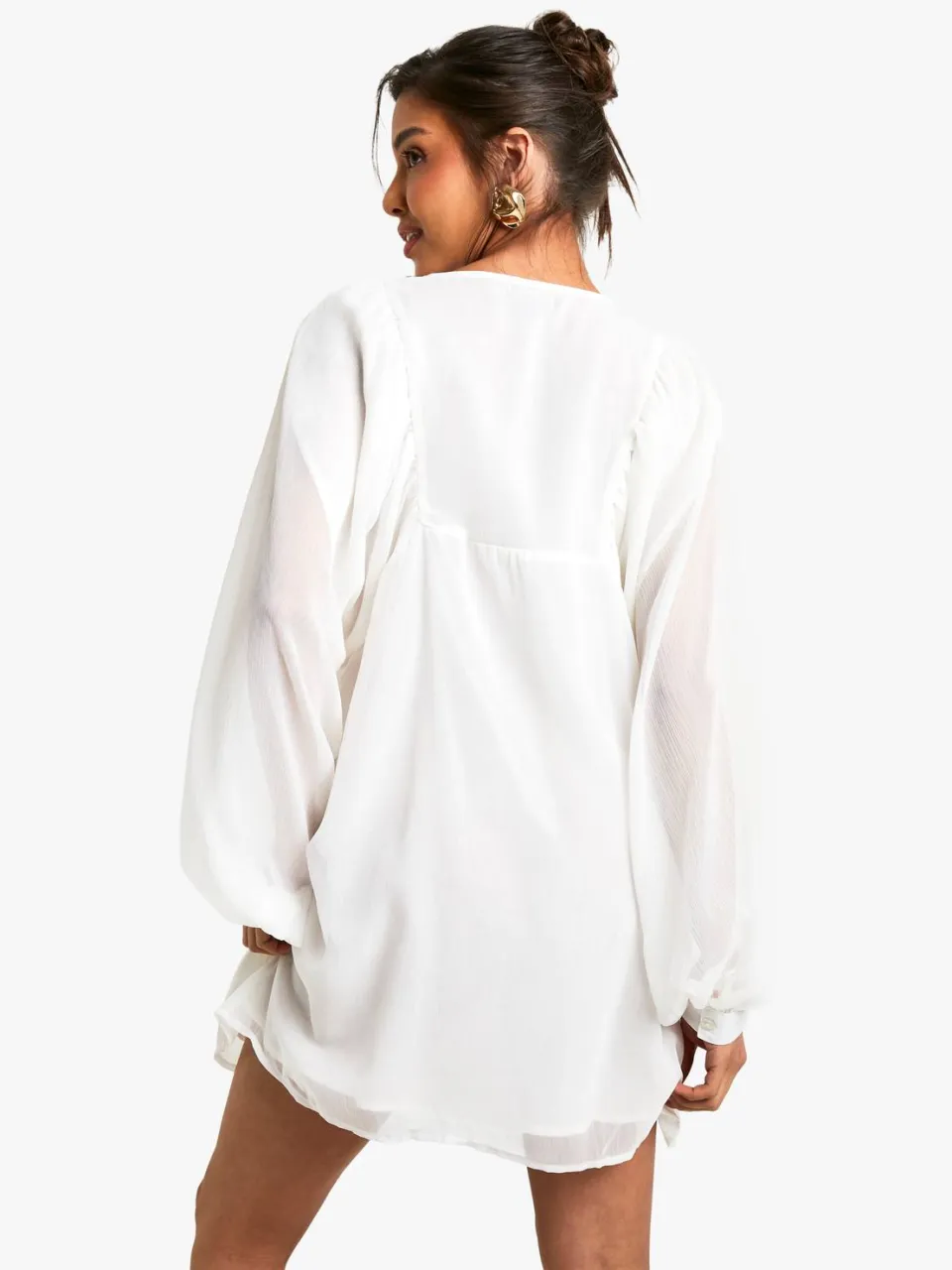 boohoo Dames Crinkle Chiffon Smock Jurk crème, foto 3