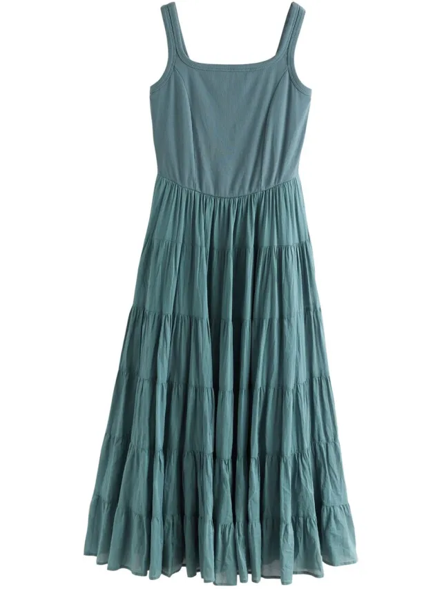 Next Dames - Mouwloze geribbelde midi-jurk met vierkante hals - Blauw Washed Blue