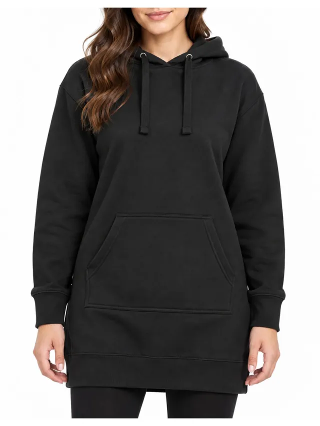 modemix Sweatjurk Dames - Trui Jurk Dames - Lange Sweatshirt met Capuchon en Kangoeroezak - Zwart –