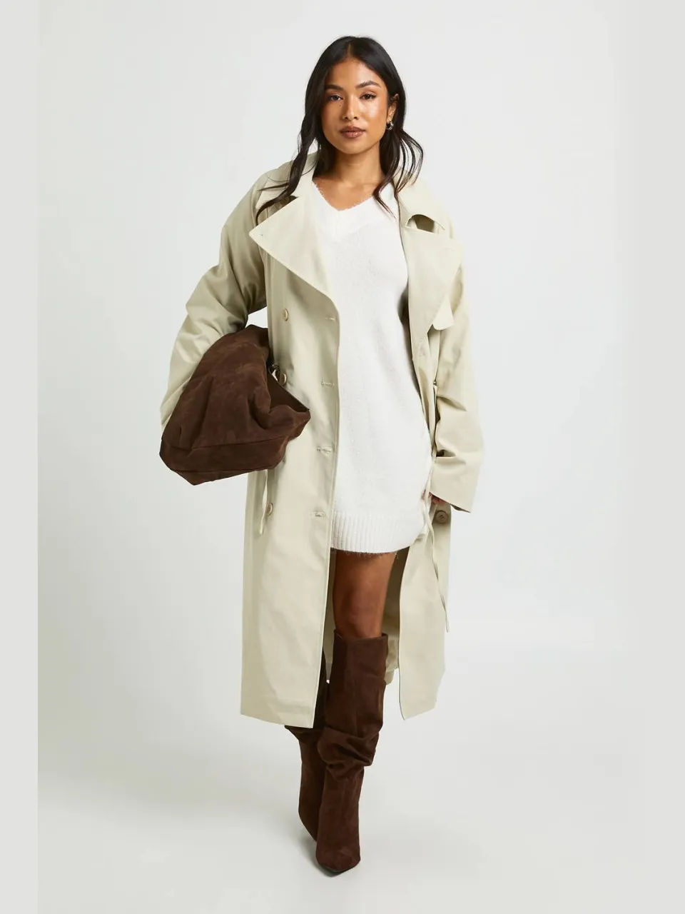 boohoo Dames Petite Superzachte Gebreide Mini-jurk Met V-hals crème, foto 2