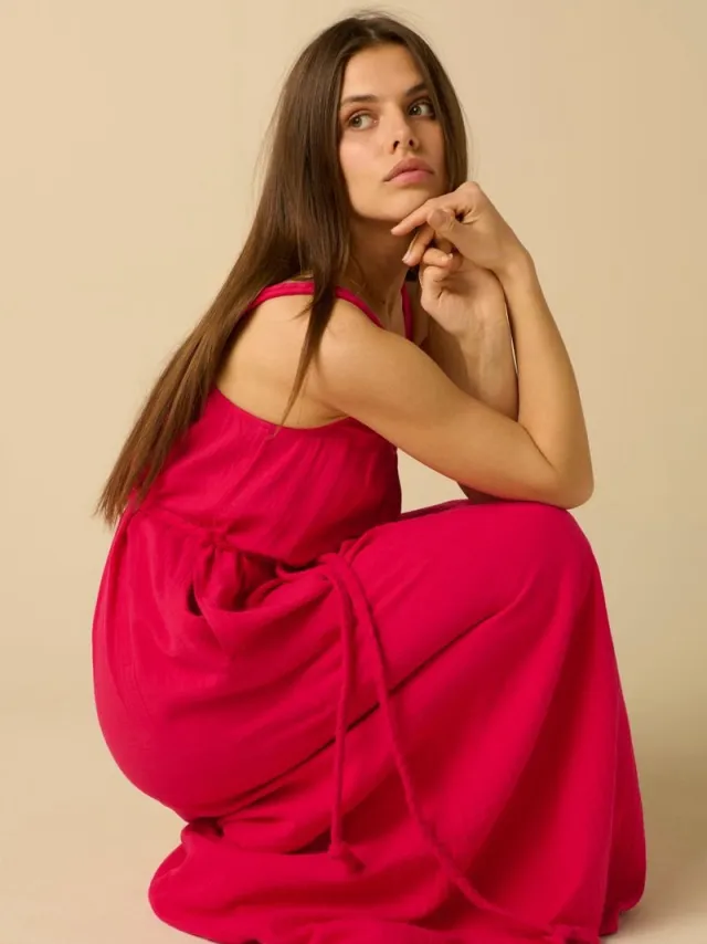 Sissy-Boy Donkerroze mousseline maxi jurk D.Roze