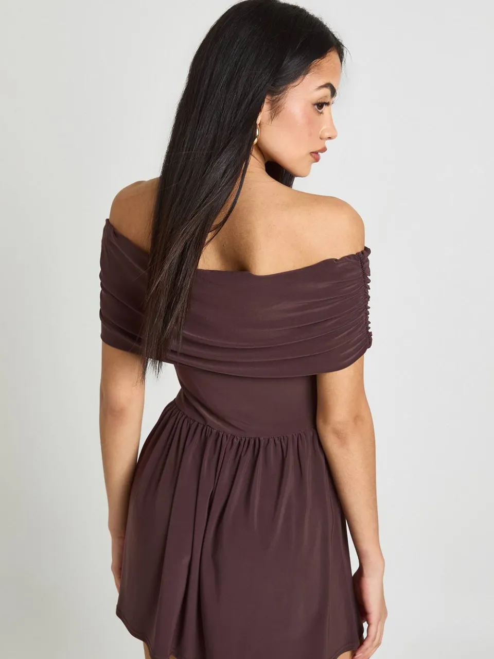 boohoo Dames Soepele Bardot Skater Jurk chocoladebruin, foto 2