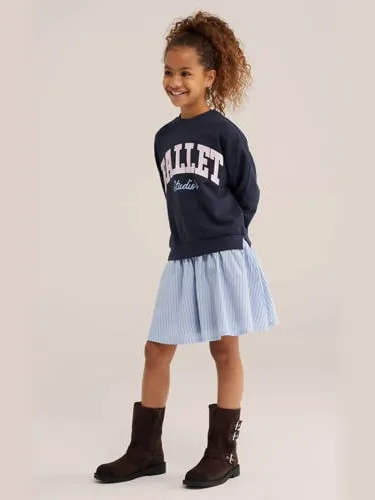 WE Fashion gestreepte sweatjurk met tekst donkerblauw donkerblauw/lichtblauw, foto 3