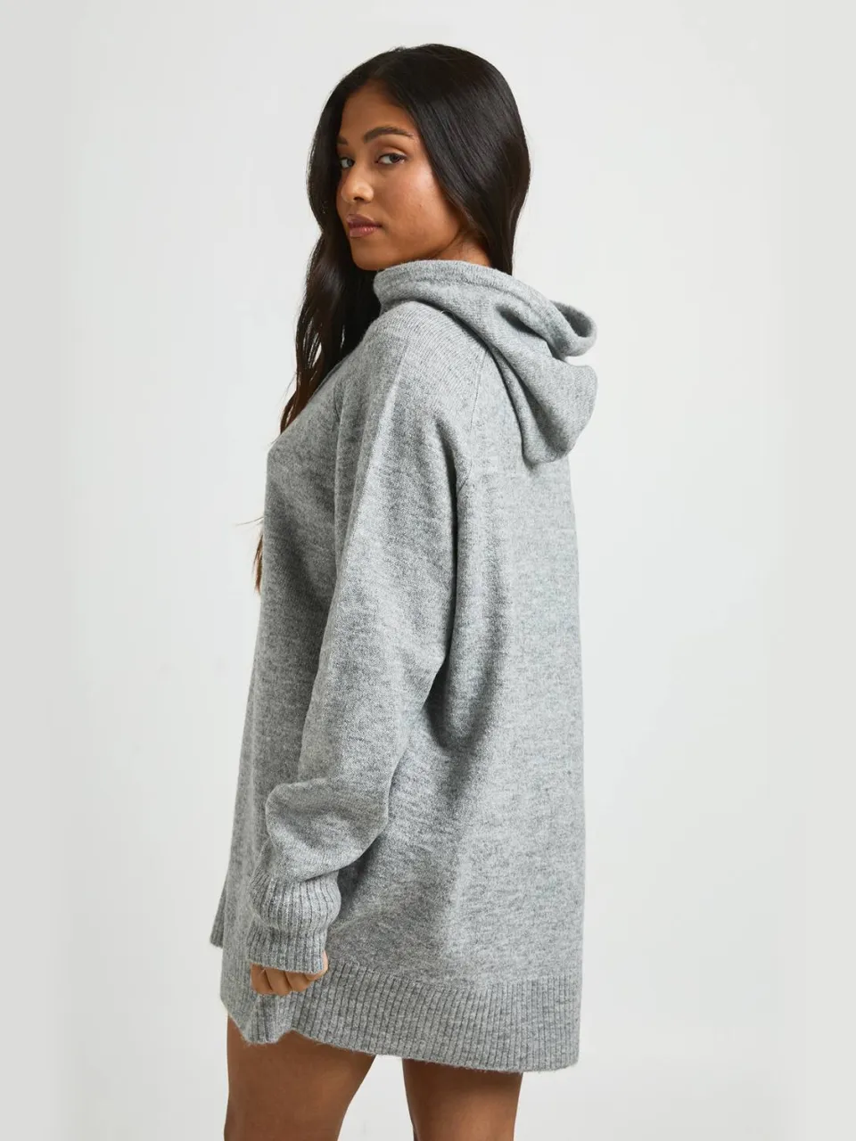 boohoo Dames Petite Oversized Gebreide Hoodie Mini Jurk grijs, foto 3