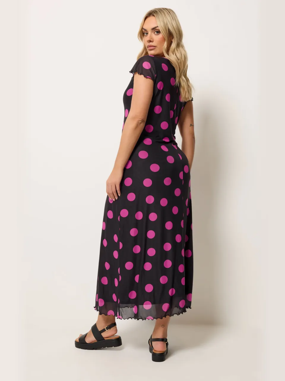 Yours Zwarte En Roze Mesh Maxijurk Met Stippen, foto 3