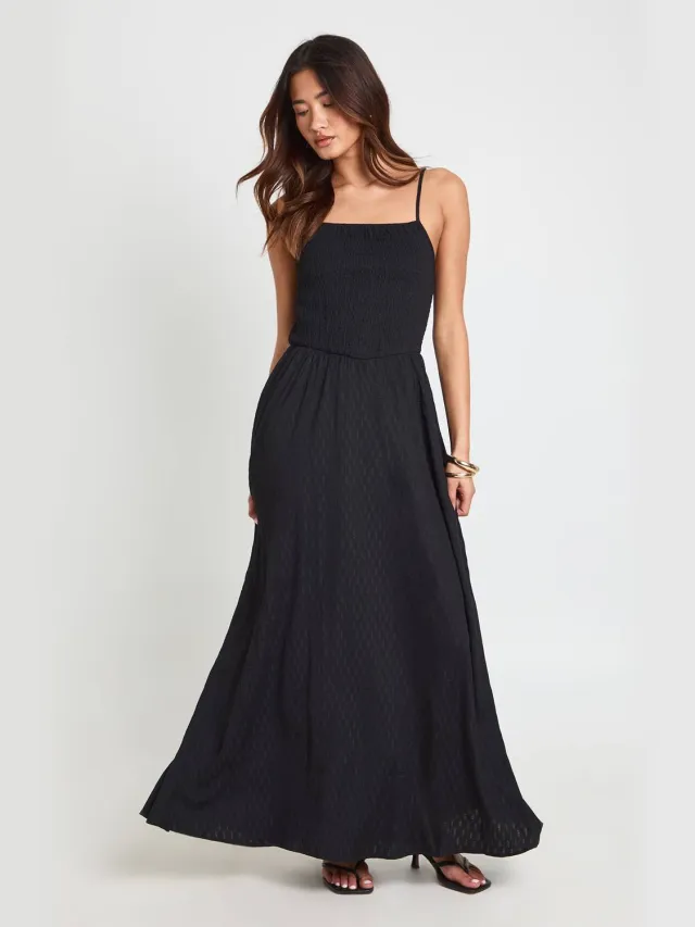 boohoo Dames Maxi Jurk Met Getextureerd Vierkant Halslijn En Gerimpeld Lijfje Zwart