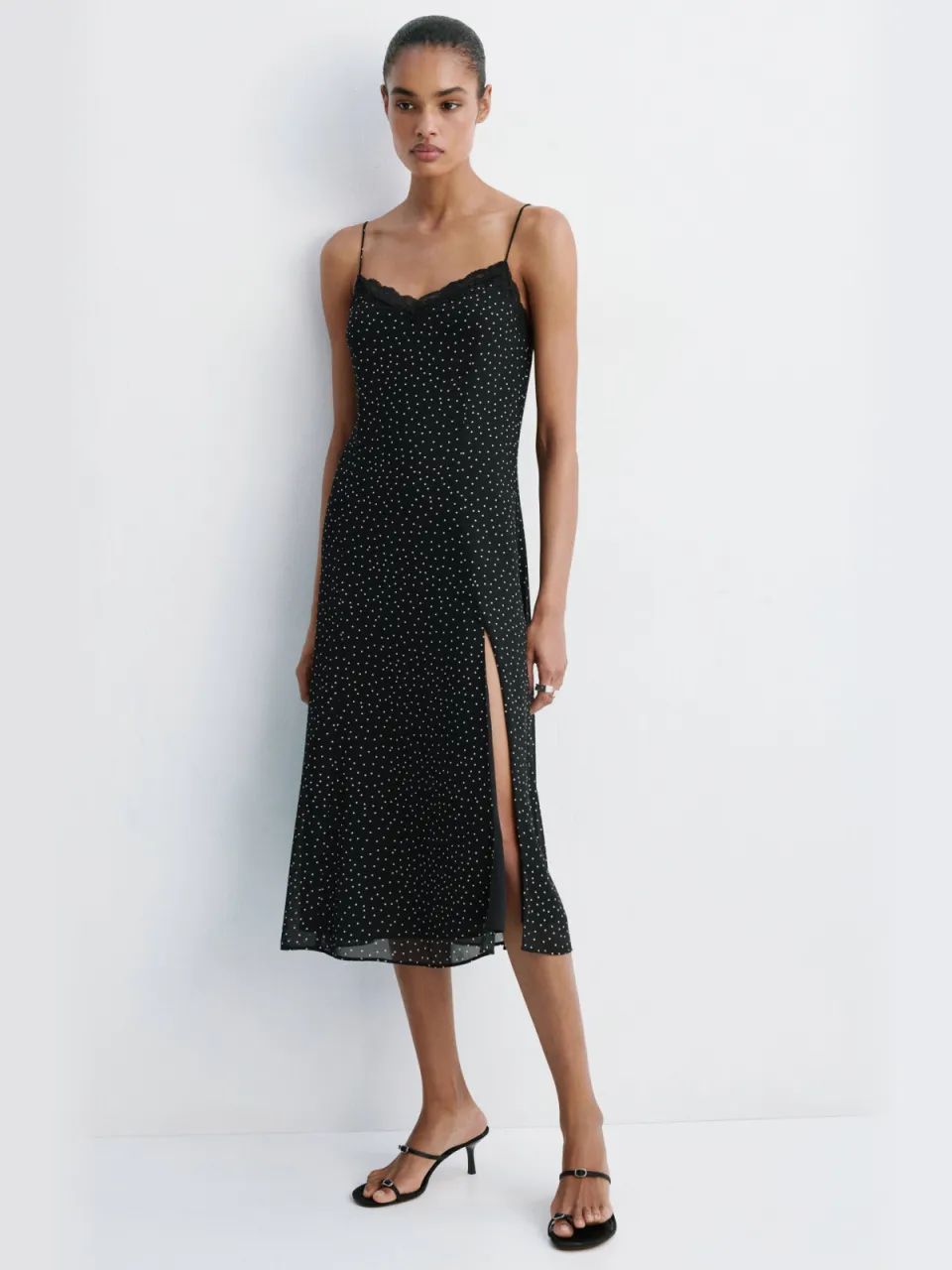 Mango midi zomerjurk met split en stippen - zwart, foto 4
