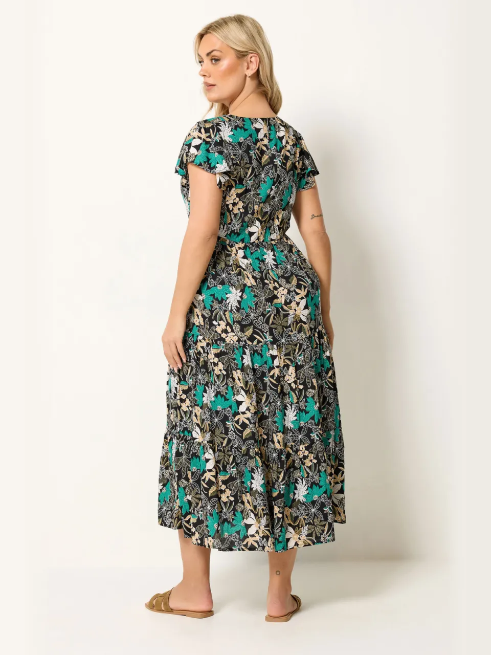 Yours Zwarte En Groene Bloemenprint Smockjurk, foto 3