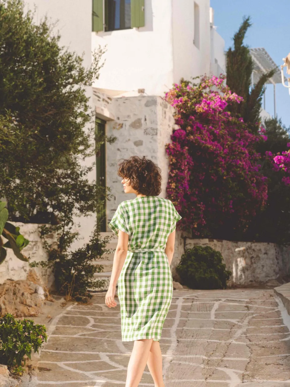 AmourLinen dames vegan Wikkeljurk Olivia Groen Gingham, foto 2