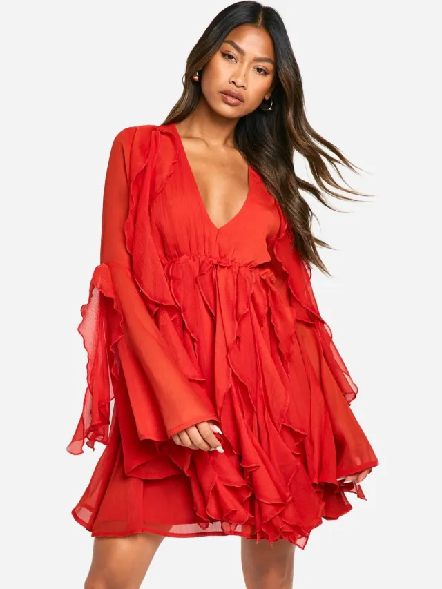 boohoo Dames Ruffle Flare Sleeve Mini Dress russet, foto 2