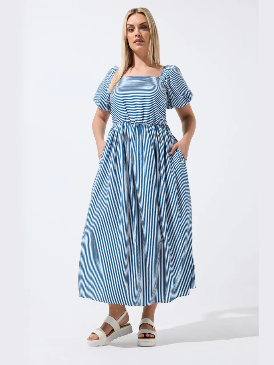 Limited Collection Blauwe Gestreepte Jurk Met Pofmouwen, foto 2