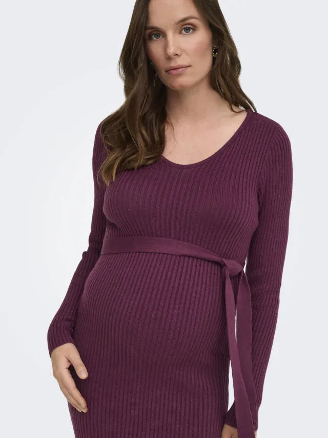 Only MATERNITY gebreide midi jurk V-hals donkerpaars, foto 4