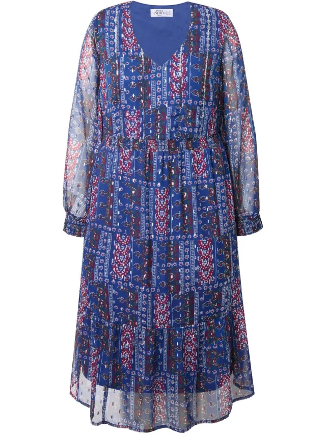 Studio Untold Dames - Chiffon midi-jurk patchprint met glitters zoomvolant - Navy - Maat 50+