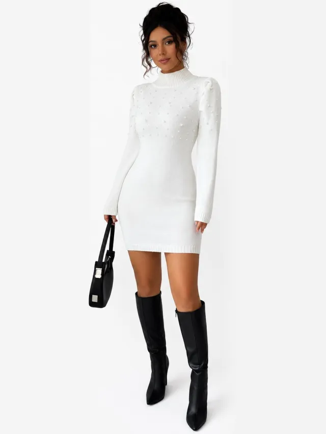 RedParrot Gebreide Jurk met Parels - Wit - Kort - Dress