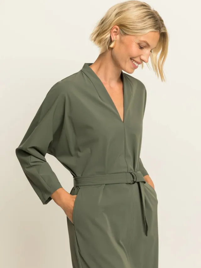 Expresso travelstof midi jurk met ceintuur - kaki
