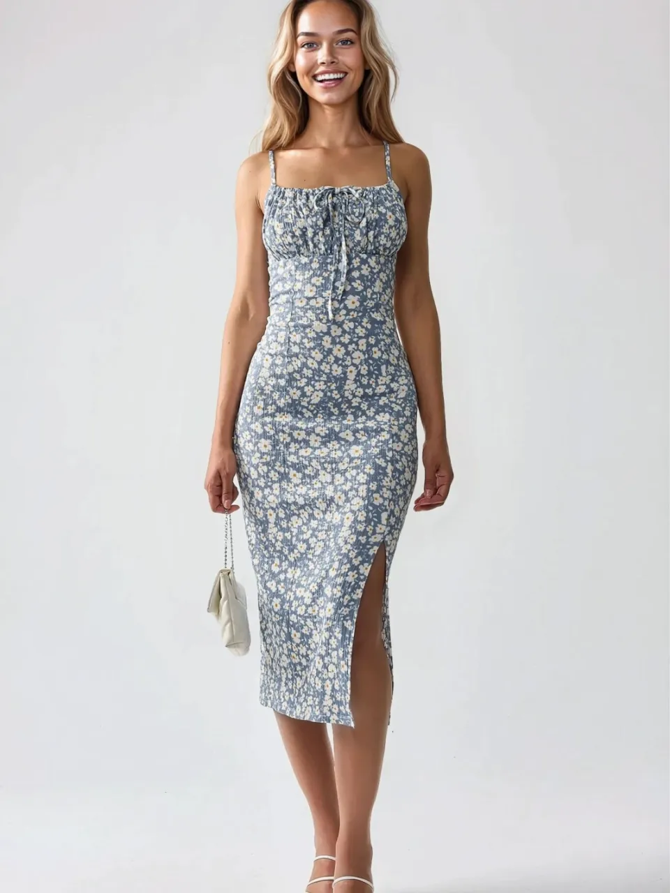 Hiccup Alldoor Bloemenprint Lichaamsnauwsluitende Midi-jurk met Splits pastelblauw, foto 2
