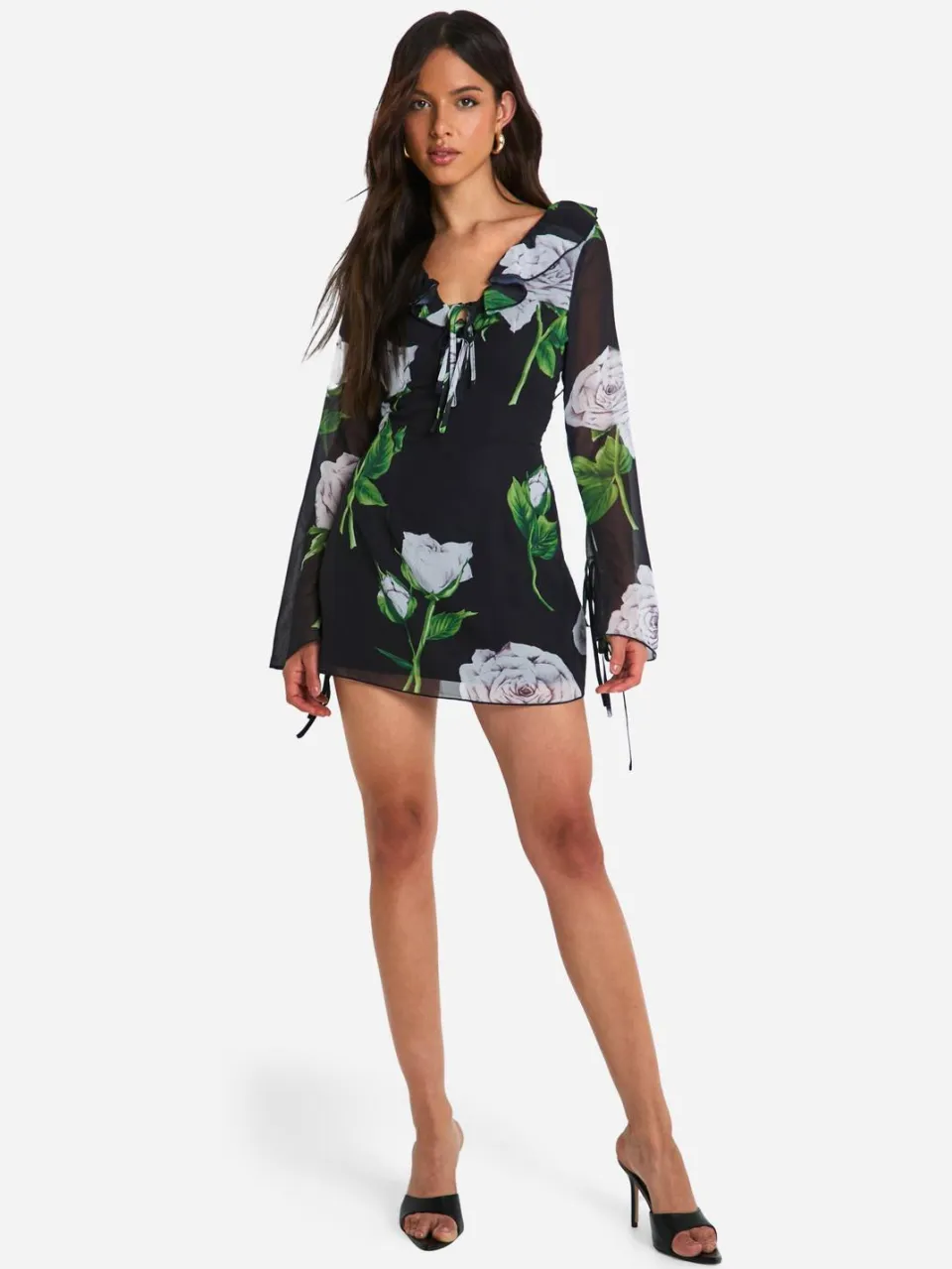 boohoo Dames Florale Chiffon Ruffle Shift Jurk zwart, foto 3
