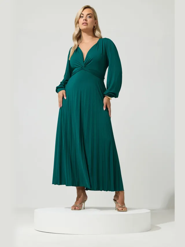 Yours London Groene Maxijurk Met Lange Mouwen En Knoopdetails Green