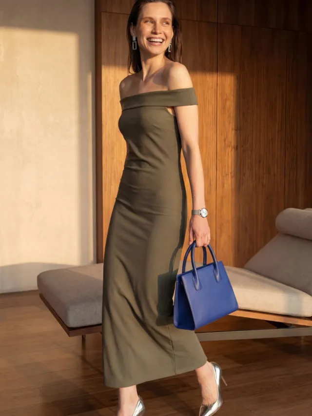 MyFashion Off-shoulder bodycon maxi-jurk met split Kaki