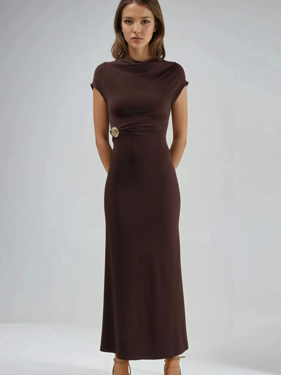 Busem Midi-jurk met stenen accessoire Bruin
