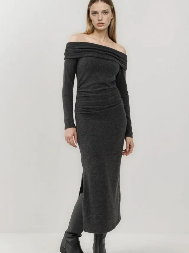 Hiccup Gestructureerde Strapless Midi-jurk met Split Donkergrijs