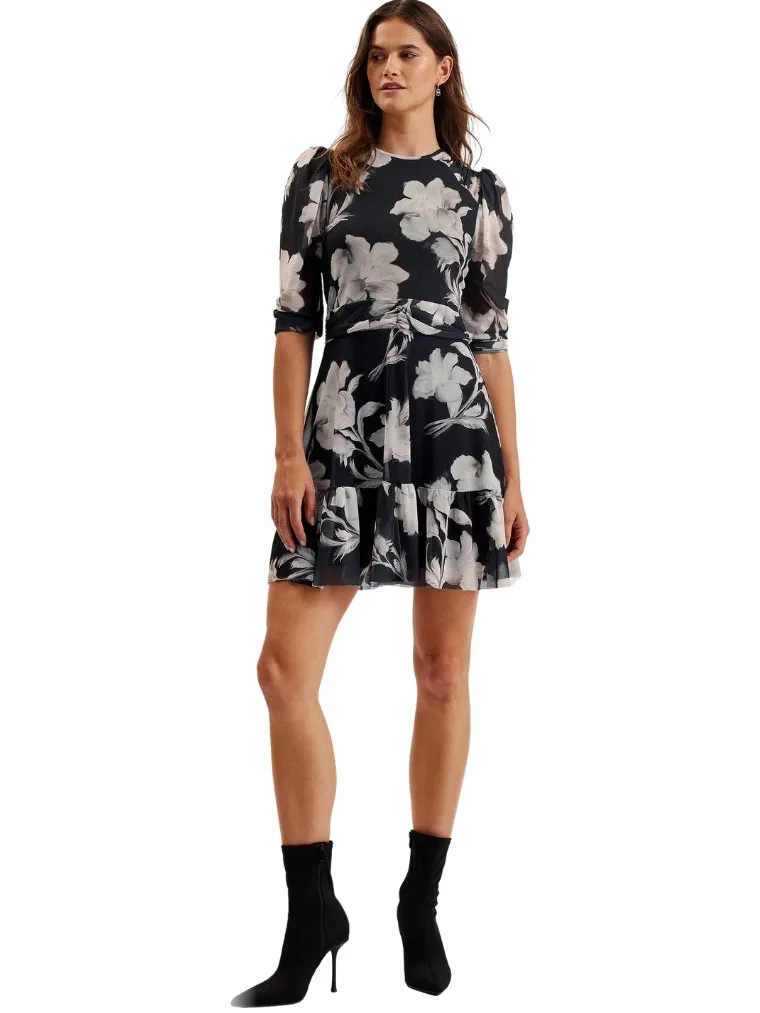 Ted Baker Carmel Mini-jurk Met Geplooide Schouders En Mesh In Zwart