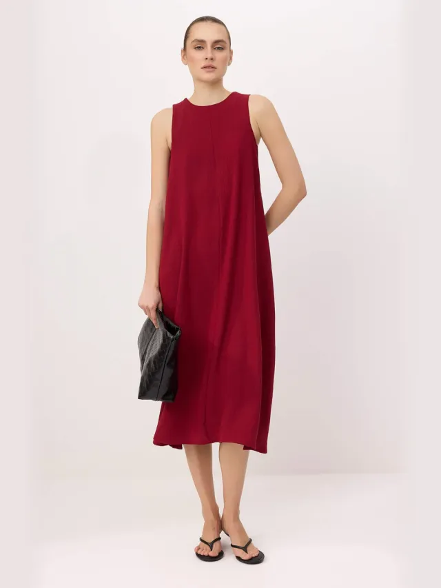 Trendyol TRENDYOLMİLLA Dames Bordeaux Effen Midi Mouwloos Recht Jurken Bordeauxrood