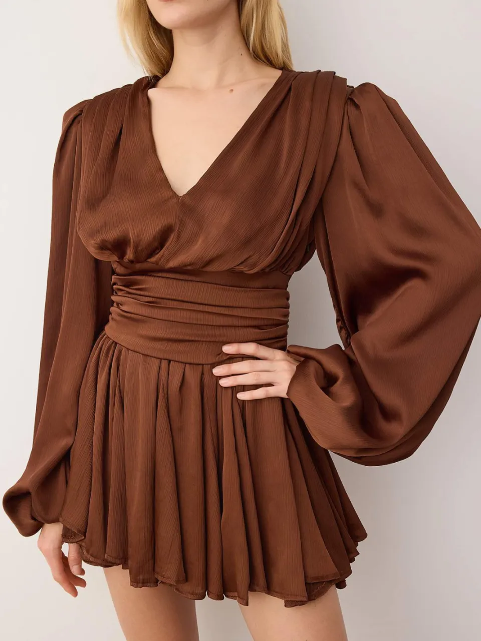 Trendyol TRENDYOLMİLLA Dames Bruin Effen Extra Kort / Super Mini Lang Stijlvol/Avond Skater Jurken, foto 2
