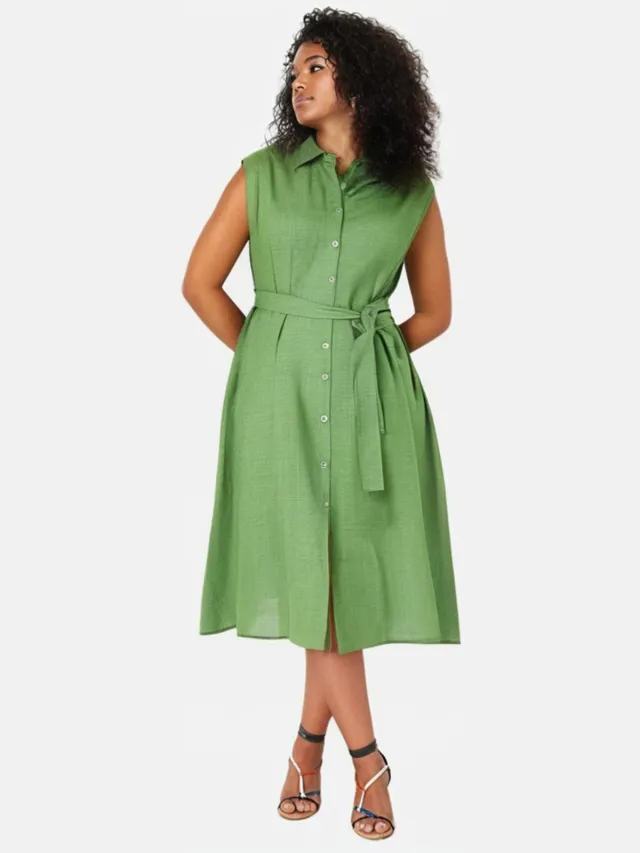 Trendyol Curve Dames Groen Effen Midi Kort Casual A-lijn Grote maten Jurk Mint